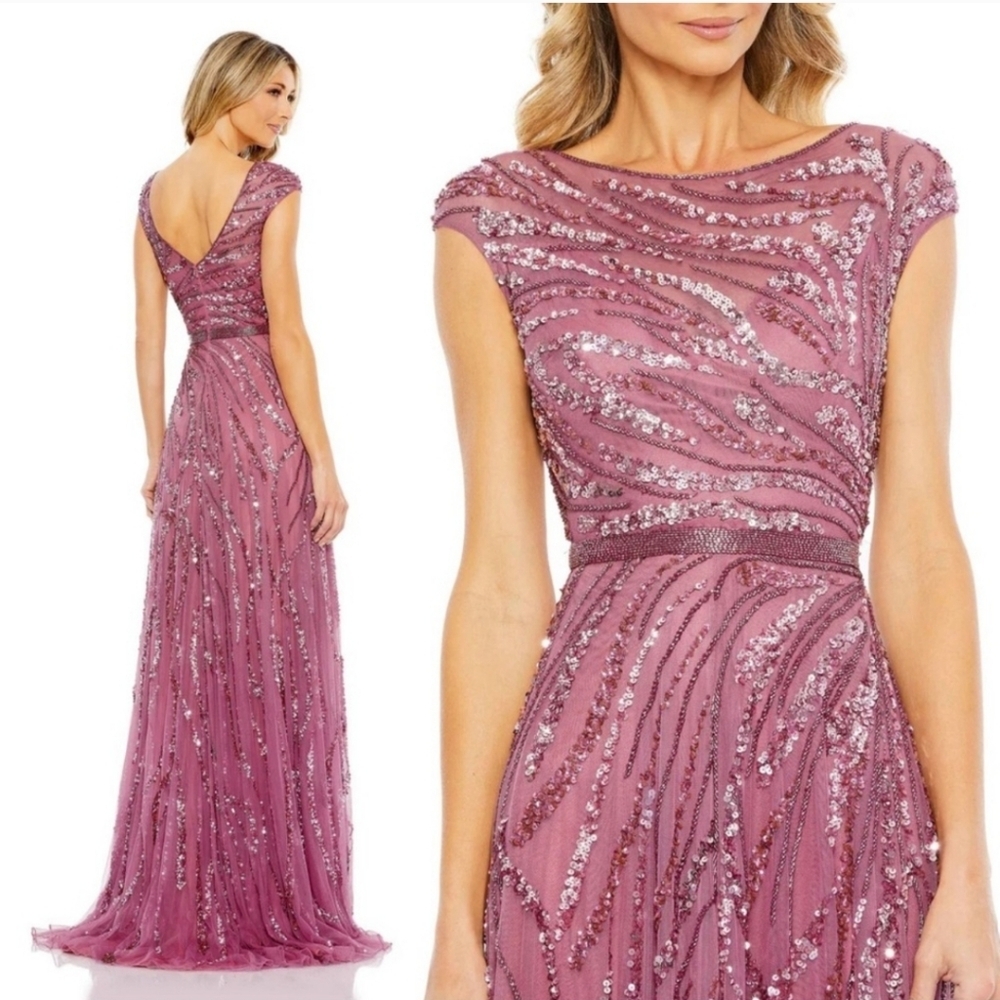 NEW MAC DUGGAL $598 PLUM CAP SLEEVE EMBELLISHED SEQUINS EVENING GOWN #5445
